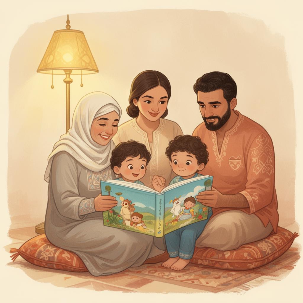 Multigenerational Arab family reading together
