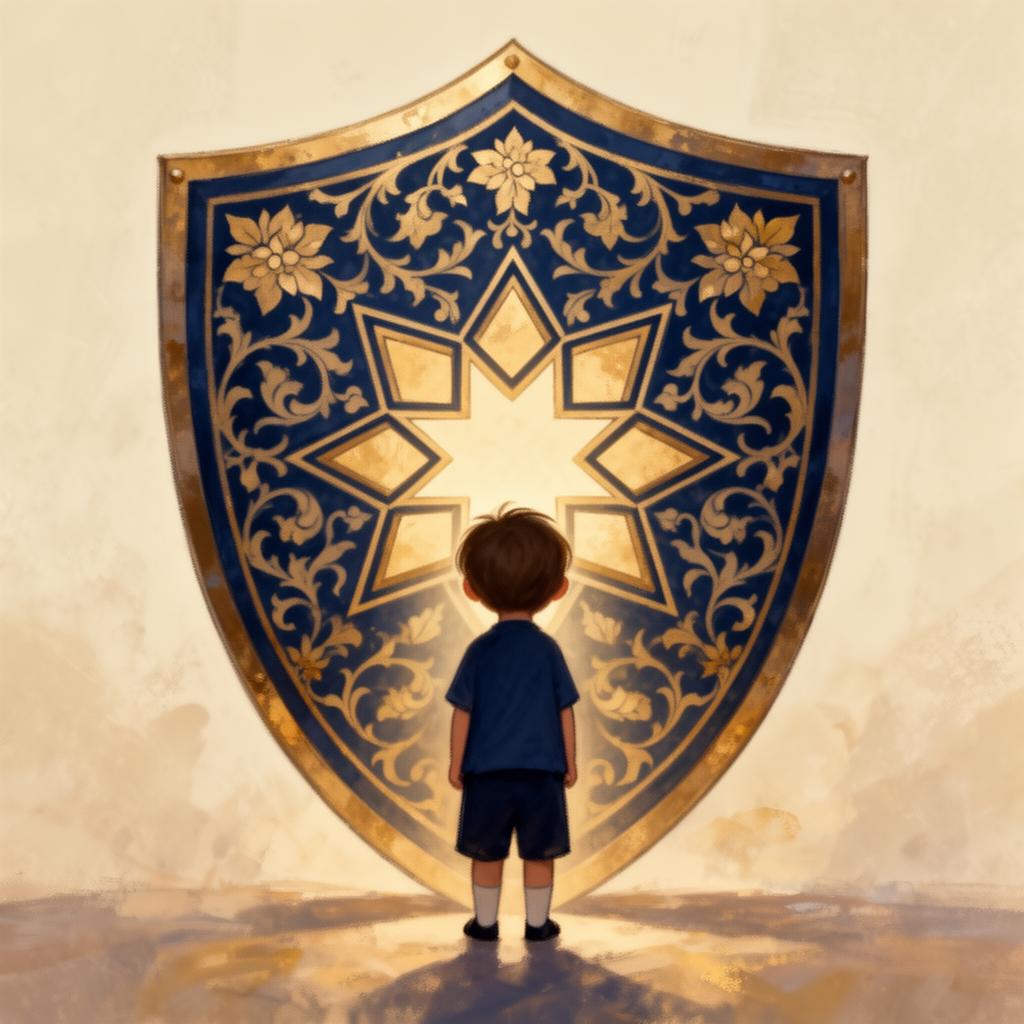 Ornamental shield protecting a child silhouette